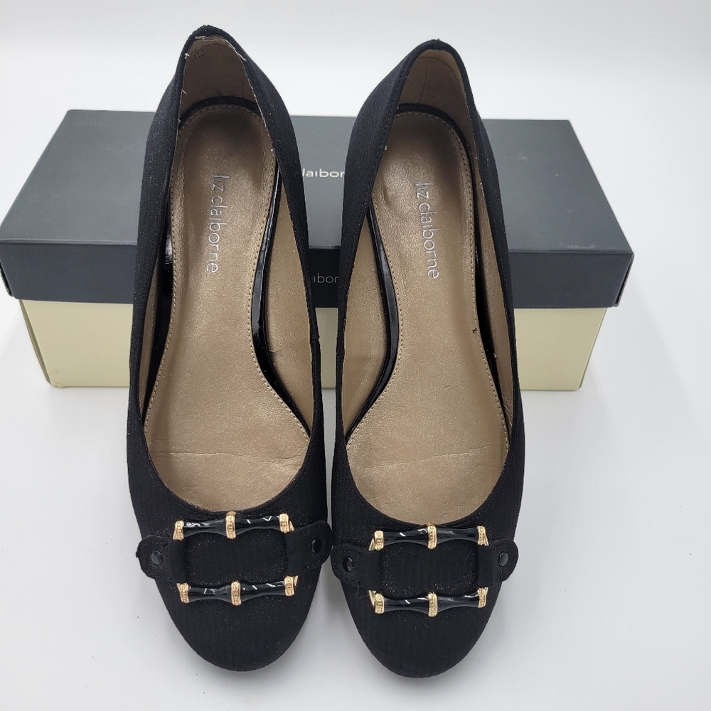 Womans Liz Claiborne Black Fabric Flats Leather Bottoms Gold accent buckle Sz 7